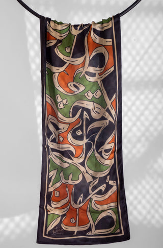 Shopmanto UK, Pakistani urdu calligraphy clothing brand manto UK ready to wear women one piece printed rung (colors of life) green orange silk urdu stole scarf