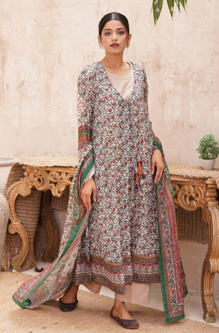 Shopmanto UK, manto pakistani clothing brand, urdu calligraphy clothes, manto UK ready to wear one piece fitrat (spirit of nature) green front open flared long frock anarkali gown with swiss lawn dupatta for women, festive collection pakistani clothes