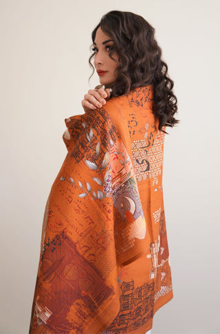 Shopmanto UK, Pakistani urdu calligraphy clothing brand manto UK ready to wear one piece textured khat-nama (letter of devotion) rust shawl long scarf