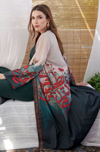 Shopmanto UK, Pakistani urdu calligraphy clothing brand manto UK ready to wear one piece noor (light of grace) shades of forest women long shrug outerwear cape crepe silk