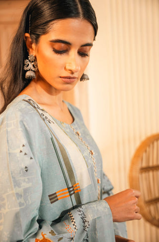 Shopmanto UK, Pakistani urdu calligraphy clothing brand manto UK ready to wear women one piece safar (journey of life) pastel Blue urdu long lawn cotton kurta shirt