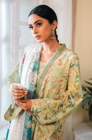 Shopmanto UK, manto UK, manto pakistani clothing brand, urdu calligraphy clothes, manto UK ready to wear three piece mint and teal Gulnaar (fruit flora) coord set with long kurta shirt and culotte wide leg pants and dupatta for women