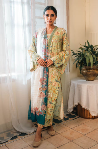 Shopmanto UK, manto UK, manto pakistani clothing brand, urdu calligraphy clothes, manto UK ready to wear three piece mint and teal Gulnaar (fruit flora) coord set with long kurta shirt and culotte wide leg pants and dupatta for women