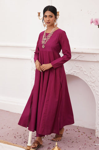 Shopmanto UK, manto UK, manto pakistani clothing brand, urdu calligraphy clothes, gown with dupatta, manto UK ready to wear three piece wine red jahaan (universe) anarkali coord set with long frock with pockets straight pants and chiffon dupatta for women, festive collection pakistani clothes