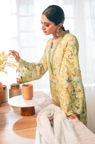 Shopmanto UK, manto UK, manto pakistani clothing brand, urdu calligraphy clothes, manto UK ready to wear three piece mint and teal Gulnaar (fruit flora) coord set with long kurta shirt and culotte wide leg pants and dupatta for women