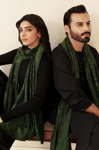 Shopmanto UK, manto pakistani clothing brand, urdu calligraphy clothes, manto UK ready to wear jazba (passion) green pakistani urdu weaved stole scarf