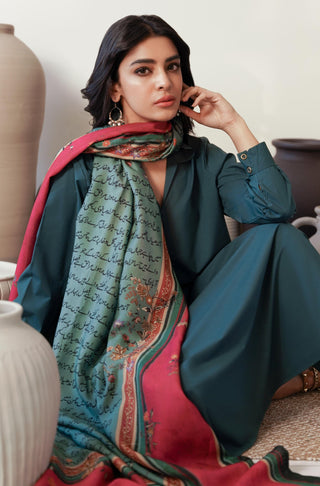 Shopmanto UK, Pakistani urdu calligraphy clothing brand manto UK ready to wear one piece cotton silk phool (flower) teal and magenta women long shawl odhni scarf unisex