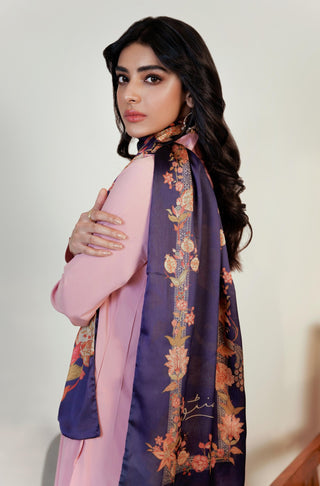 Shopmanto UK, manto pakistani clothing brand, urdu calligraphy clothes, manto UK ready to wear gulnaar (fruit flora) purple urdu silk stole scarf, pakistani urdu silk scarf stole