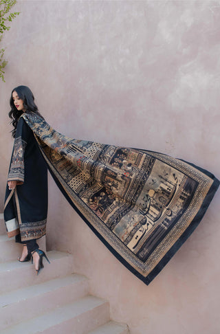 Shopmanto UK, Pakistani urdu calligraphy clothing brand manto UK ready to wear women two piece taj mahal (symbol of love) black jacquard matching coord set with long shirt and straight pants illustrating the story of mumtaz and shah jahan