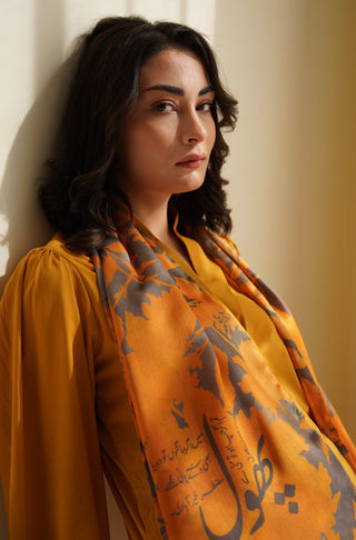 Shopmanto UK, manto pakistani clothing brand, urdu calligraphy clothes, manto UK ready to wear one piece phool (flower) mustard yellow silk stole scarf for women, pakistani urdu silk stole scarf