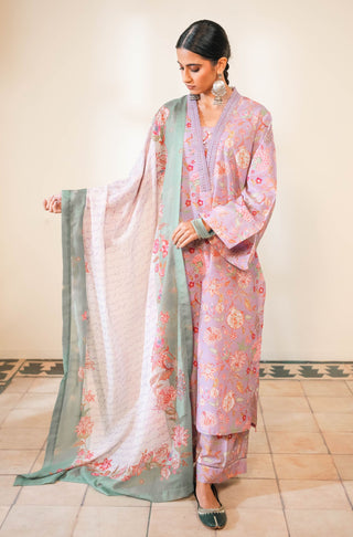 Shopmanto UK, manto UK, manto pakistani clothing brand, urdu calligraphy clothes, manto UK ready to wear three piece lilac and green Gulnaar (fruit flora) coord set with long kurta shirt and culotte wide leg pants and dupatta for women