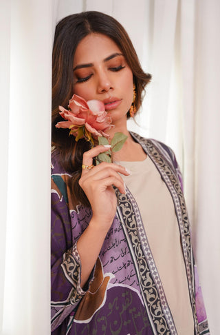 Shopmanto UK, manto UK, manto pakistani clothing brand, manto pakistan, urdu calligraphy clothes, manto UK women one piece dhanak (rainbow) long crepe shrug shades of purple, manto crepe collection