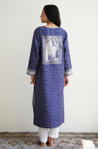 Manto UK Women's Ready To Wear 1 Piece Long Virsa Lawn Shirt Blue Featuring Urdu Calligraphy of Poetry by Allama Iqbal & Illustration of National Elements of Pakistan