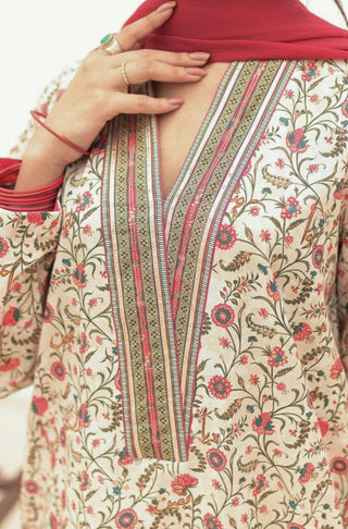 Shopmanto UK, Pakistani urdu calligraphy clothing brand manto UK ready to wear women one piece printed roshni (the spark within) beige and red urdu long kurta shirt