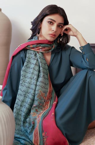 Shopmanto UK, Pakistani urdu calligraphy clothing brand manto UK ready to wear one piece cotton silk phool (flower) teal and magenta women long shawl odhni scarf unisex