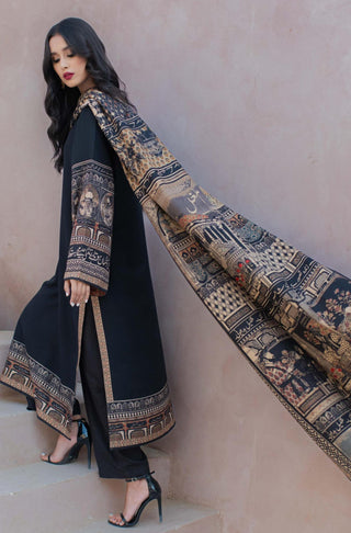 Shopmanto UK, Pakistani urdu calligraphy clothing brand manto UK ready to wear women two piece taj mahal (symbol of love) black jacquard matching coord set with long shirt and straight pants illustrating the story of mumtaz and shah jahan