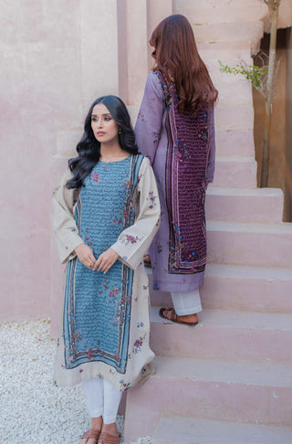 Shopmanto UK, Pakistani urdu calligraphy clothing brand manto UK ready to wear one piece khaddar phool (flower) blue and beige women long shirt kurta