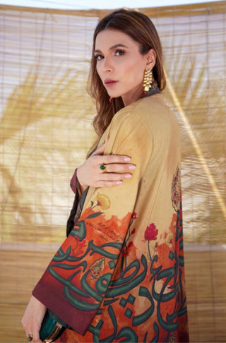 Shopmanto UK, Pakistani urdu calligraphy clothing brand manto UK ready to wear one piece shades of sunset noor (light of grace) women long shrug outerwear cape crepe silk