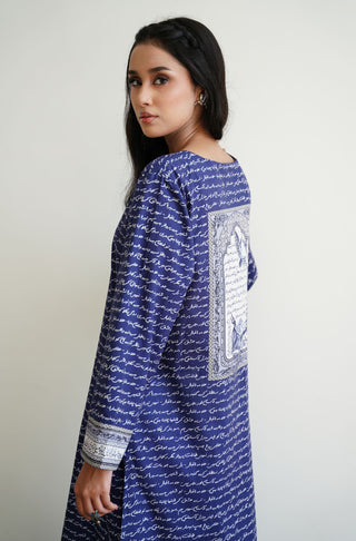 Manto UK Women's Ready To Wear 1 Piece Long Virsa Lawn Shirt Blue Featuring Urdu Calligraphy of Poetry by Allama Iqbal & Illustration of National Elements of Pakistan