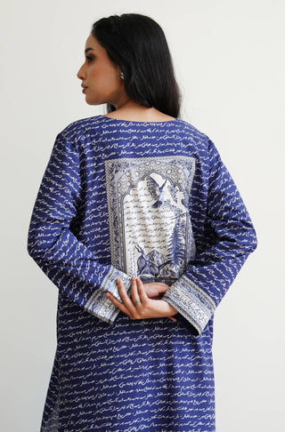 Manto UK Women's Ready To Wear 1 Piece Long Virsa Lawn Shirt Blue Featuring Urdu Calligraphy of Poetry by Allama Iqbal & Illustration of National Elements of Pakistan