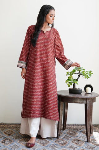 Manto UK Women's Ready To Wear 1 Piece Long Virsa Lawn Shirt Brick Red Featuring Urdu Calligraphy of Poetry by Allama Iqbal & Illustration of National Elements of Pakistan