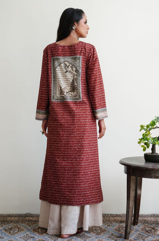 Manto UK Women's Ready To Wear 1 Piece Long Virsa Lawn Shirt Brick Red Featuring Urdu Calligraphy of Poetry by Allama Iqbal & Illustration of National Elements of Pakistan