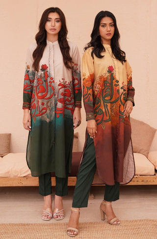 Shopmanto UK, Pakistani urdu calligraphy clothing brand manto UK ready to wear one piece noor (light of grace) shades of forest women long shirt button down front open