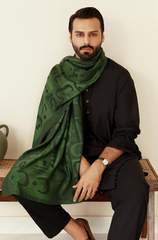 Shopmanto UK, manto pakistani clothing brand, urdu calligraphy clothes, manto UK ready to wear jazba (passion) green pakistani urdu weaved stole scarf