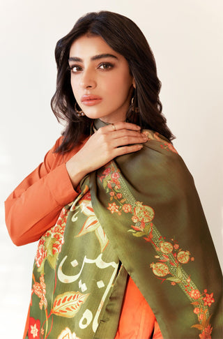 Shopmanto UK, manto pakistani clothing brand, urdu calligraphy clothes, manto UK ready to wear gulnaar (fruit flora) green urdu silk stole scarf, pakistani urdu silk scarf stole