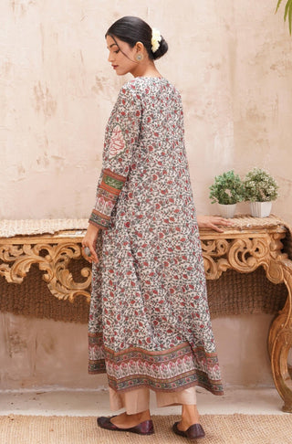 Shopmanto UK, manto pakistani clothing brand, urdu calligraphy clothes, manto UK ready to wear one piece fitrat (spirit of nature) green front open flared long frock anarkali gown with swiss lawn dupatta for women, festive collection pakistani clothes