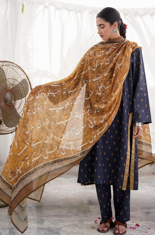 Shopmanto UK, Pakistani urdu calligraphy clothing brand manto UK ready to wear women three piece printed cotton qadr (value of appreciation) black and golden brown coord set with black printed long shirt kurta printed straight pants and golden brown shawl dupatta scarf