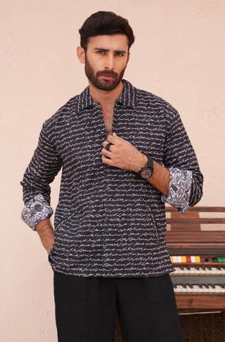 Shopmanto UK, Pakistani urdu calligraphy clothing brand manto UK ready to wear one piece markhor (majestic mountain king) black button down textured over shirt