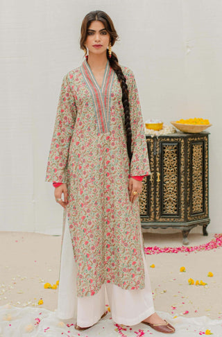 Shopmanto UK, Pakistani urdu calligraphy clothing brand manto UK ready to wear women one piece printed roshni (the spark within) mint and pink urdu long kurta shirt