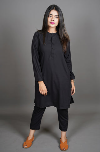 Shopmanto UK, Pakistani urdu calligraphy clothing brand manto UK ready to wear two piece jet black wash n wear lucknow coord set with long shirt and straight pants