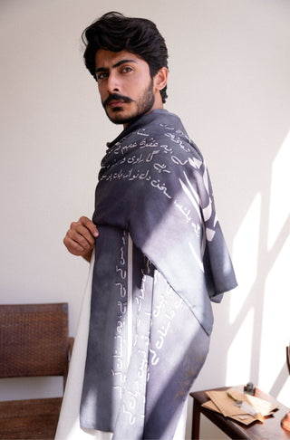 Shopmanto UK, Pakistani urdu calligraphy clothing brand manto UK ready to wear one piece textured karvaan (explorers) grey stole muffler scarf