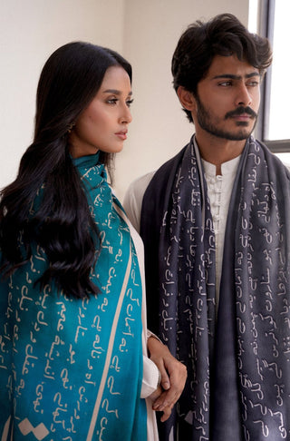 Shopmanto UK, Pakistani urdu calligraphy clothing brand manto UK ready to wear one piece textured karvaan (explorers) grey stole muffler scarf