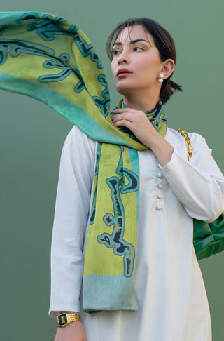 Shopmanto UK, manto pakistani clothing brand, urdu calligraphy clothes, manto UK ready to wear one piece husn (beauty) shaded green silk stole scarf for women, pakistani urdu silk stole scarf