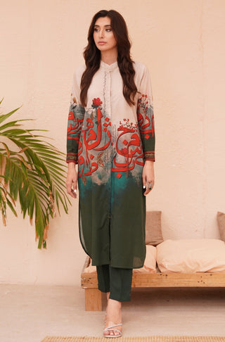 Shopmanto UK, Pakistani urdu calligraphy clothing brand manto UK ready to wear one piece noor (light of grace) shades of forest women long shirt button down front open