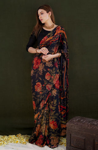 Shopmanto UK, manto pakistani clothing brand, urdu calligraphy clothes, manto UK pre stitched saree black with floral print and solid black unstitched blouse featuring urdu words calligraphed all over saree