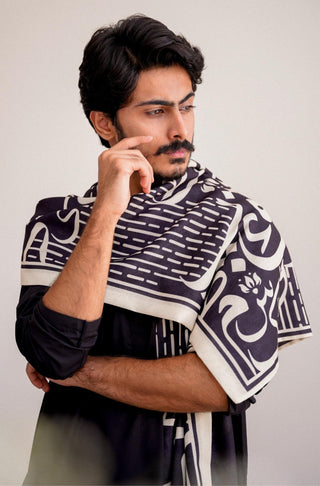 Shopmanto UK, manto pakistani clothing brand, urdu calligraphy clothes, manto UK ready to wear one piece unisex huroof (arabic letter) black silk stole scarf, pakistani urdu textured stole scarf muffler