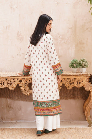 Back Detail of Manto's Off White & Green Printed Fitrat Kurta Paired with White Wide Leg Trouser with Urdu Calligraphy