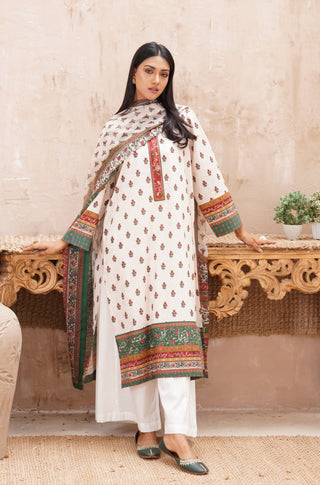 Manto's Off White & Green Printed Fitrat Kurta Paired with White Wide Leg Trouser & Dupatta with Urdu Calligraphy