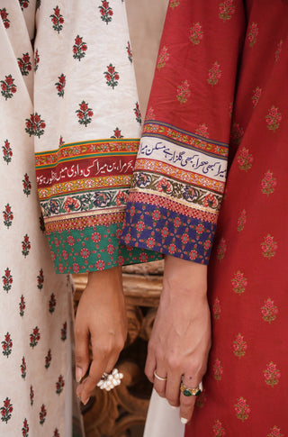 Sleeve Detail of Manto's Off White & Green, Rust & Indigo Printed Fitrat Kurta with Urdu Calligraphy